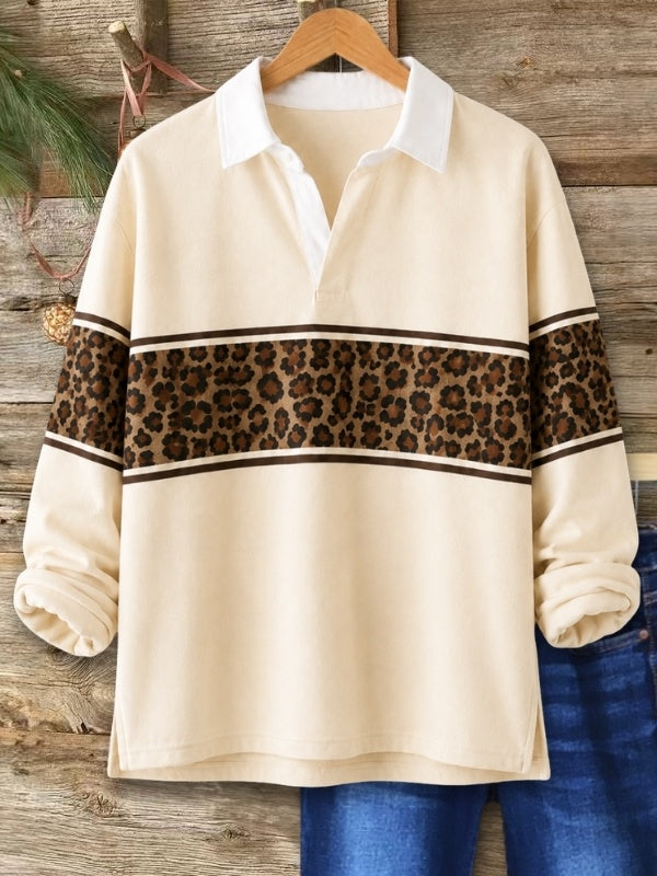 Leopard Patchwork Polo Collar Long Sleeve Top