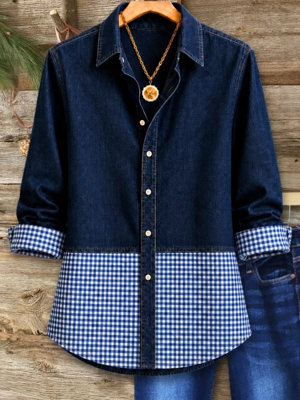 Denim Plaid Patchwork Button Shirt
