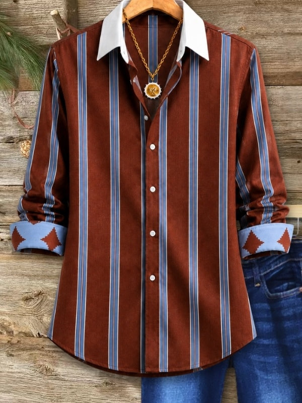 Vertical Stripe Contrast Collar Button-Up Shirt