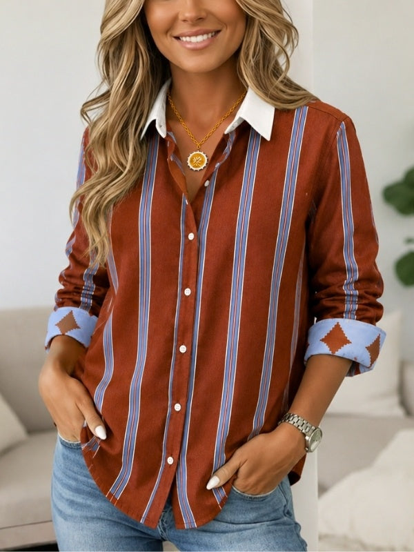 Vertical Stripe Contrast Collar Button-Up Shirt