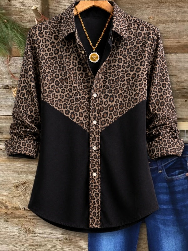 Leopard Patchwork Colorblock Button-Up Shirt