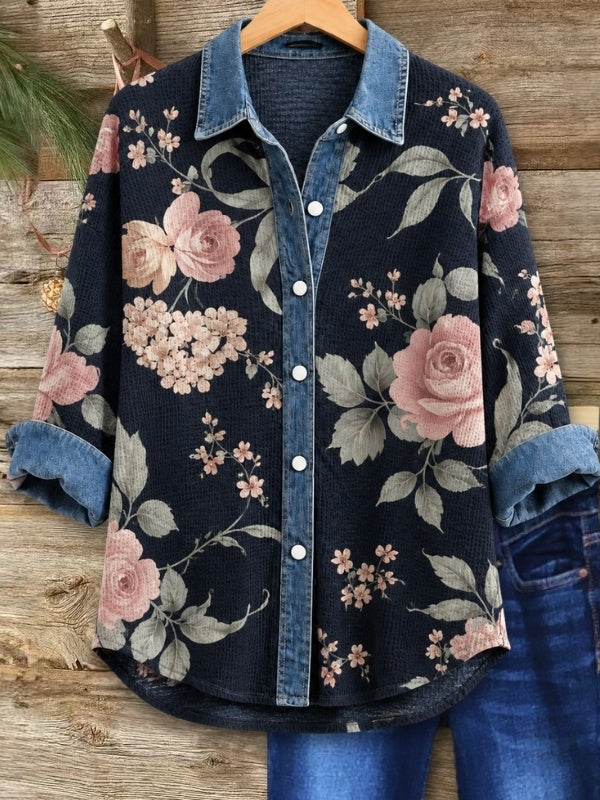 Floral Print Waffle Knit Denim Patchwork Shirt