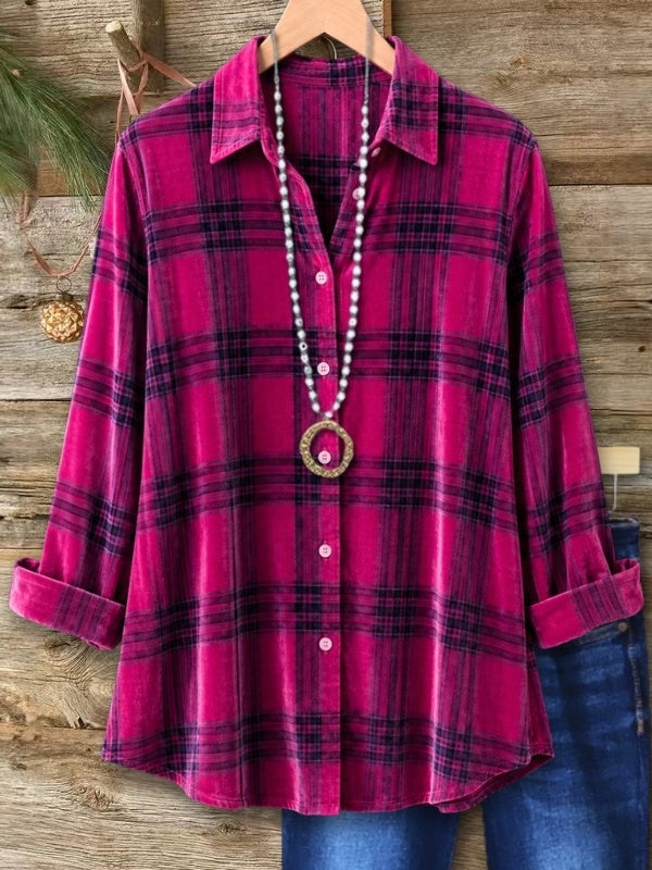 Plaid Velvet Long Sleeve Button-Up Shirt
