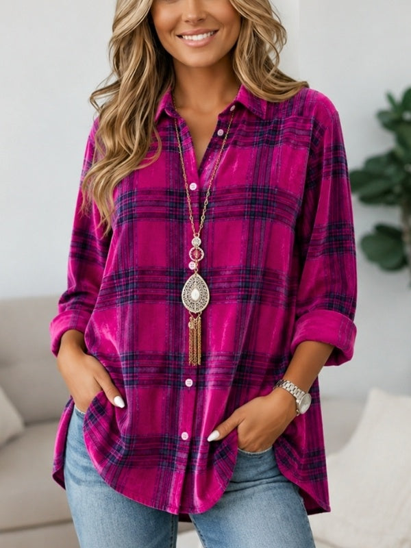 Plaid Velvet Long Sleeve Button-Up Shirt