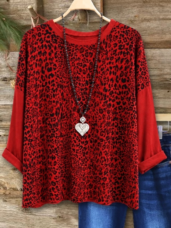 Leopard Print Contrast Sleeve Relaxed Top