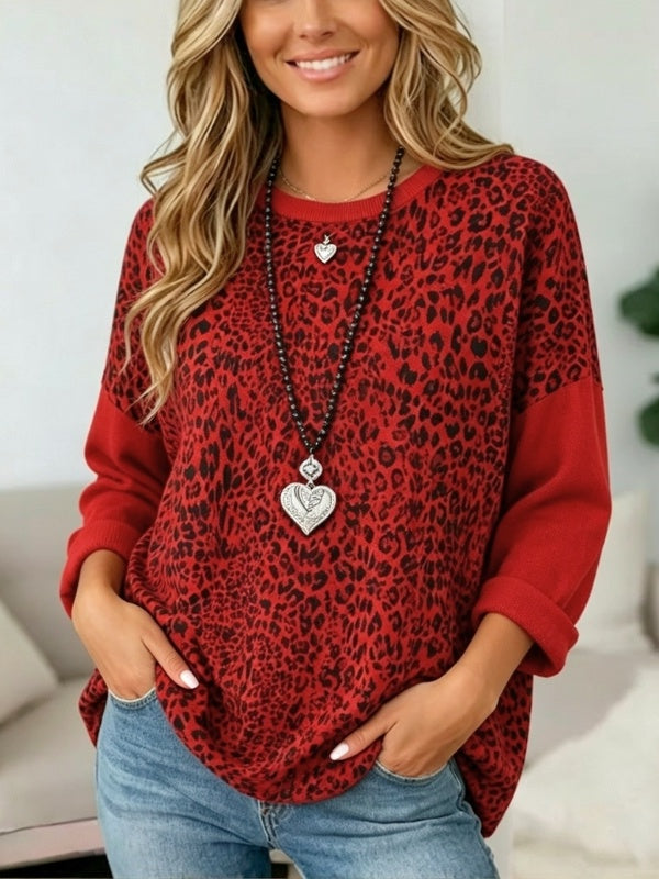 Leopard Print Contrast Sleeve Relaxed Top