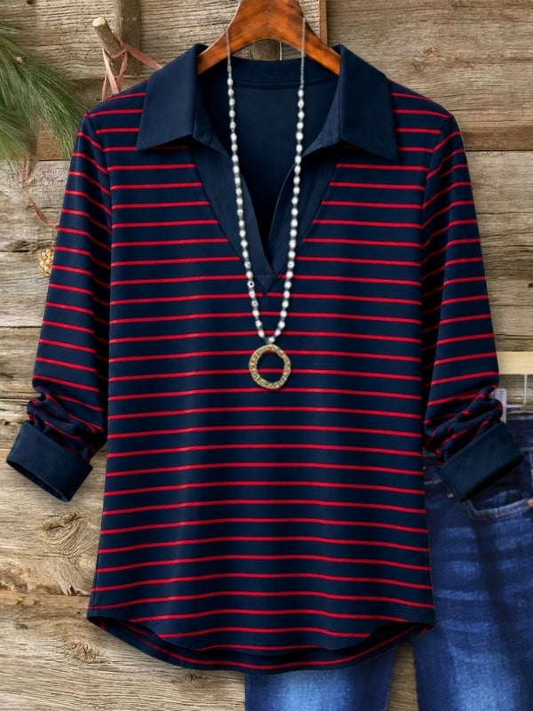 Striped Collared Split Neck Tunic Top
