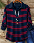 Striped Collared Split Neck Tunic Top