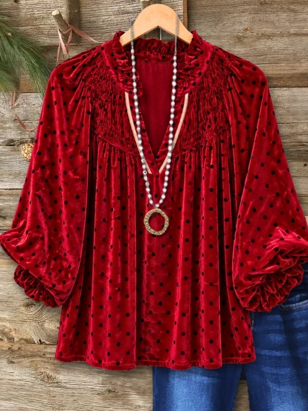 Polka Dot Velvet Ruffle V-Neck Top