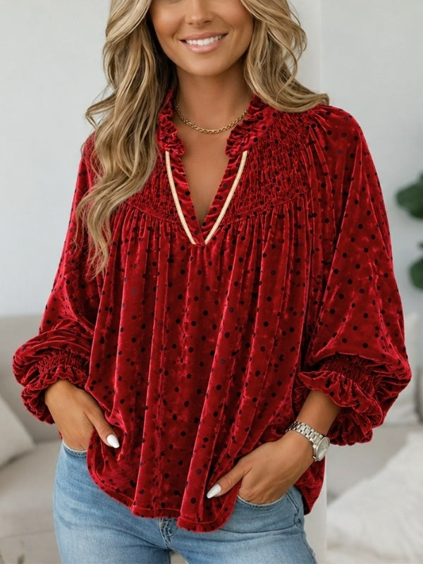 Polka Dot Velvet Ruffle V-Neck Top