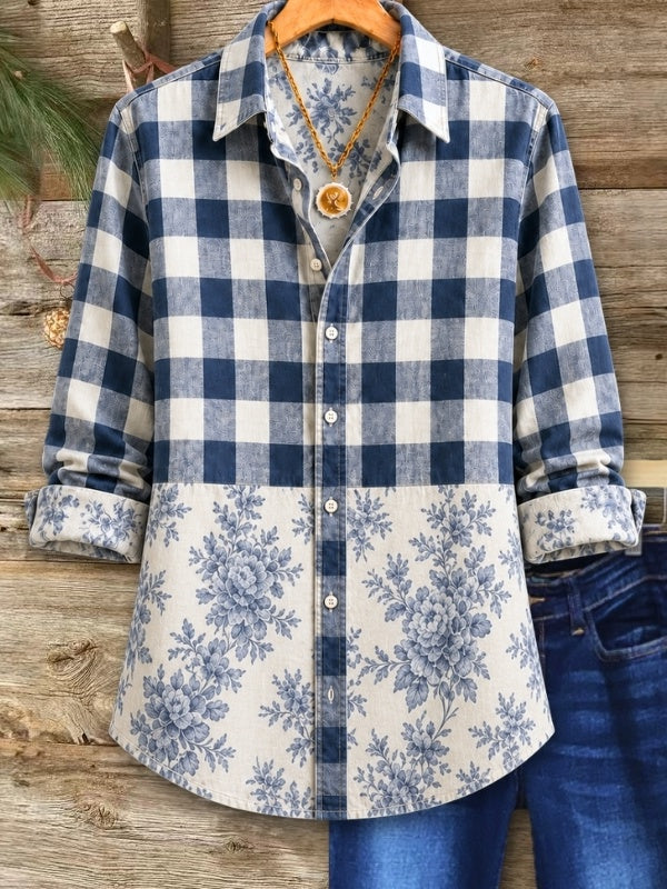 Gingham Floral Print Patchwork Button Shirt