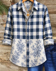 Gingham Floral Print Patchwork Button Shirt