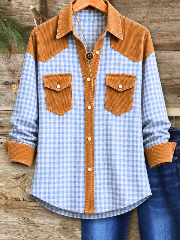 Gingham Corduroy Patchwork Pocket Shirt