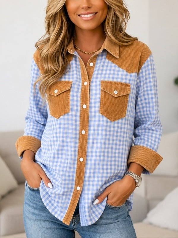 Gingham Corduroy Patchwork Pocket Shirt