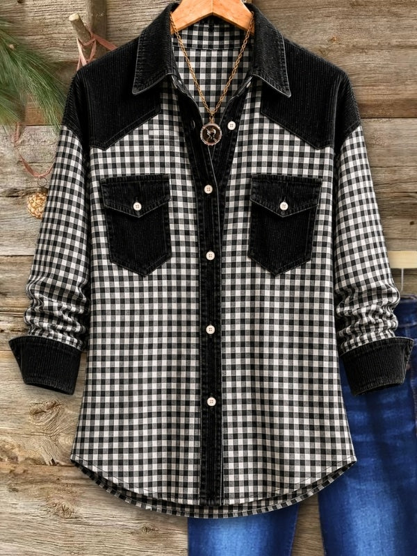 Gingham Corduroy Patchwork Western Shirt