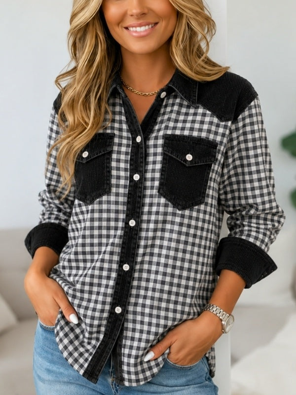Gingham Corduroy Patchwork Western Shirt