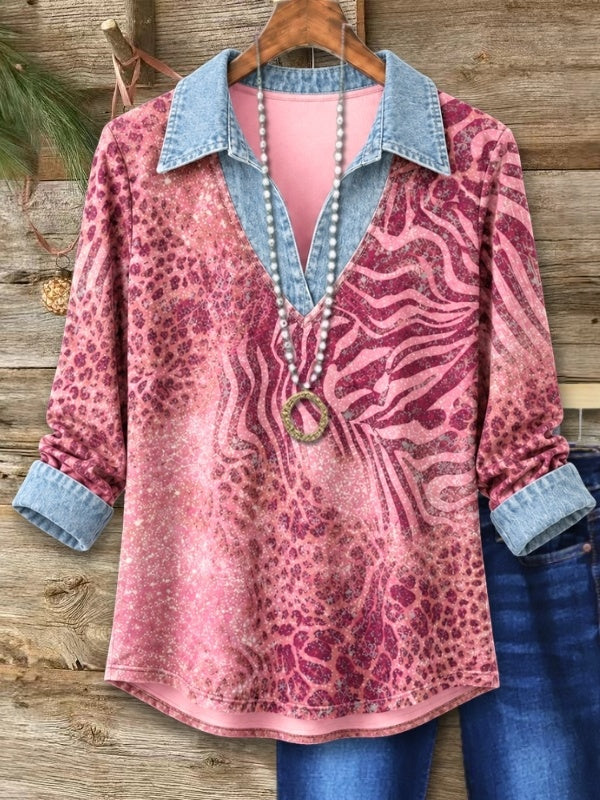 Mixed Animal Print Denim Collar Tunic Top