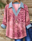 Mixed Animal Print Denim Collar Tunic Top