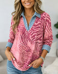 Mixed Animal Print Denim Collar Tunic Top