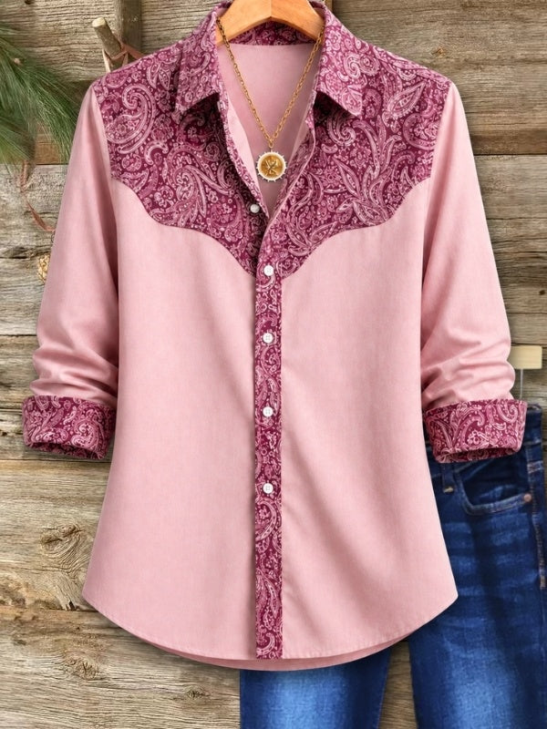 Paisley Print Patchwork Button-Down Shirt