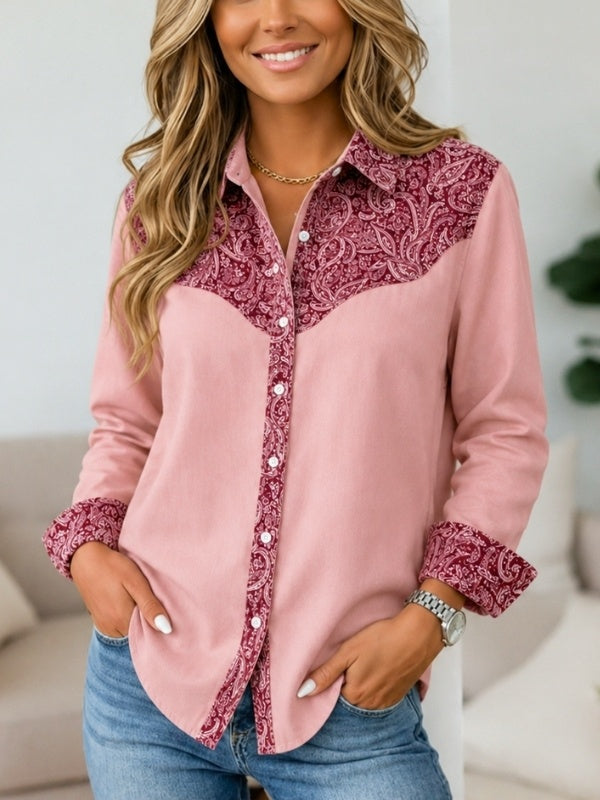 Paisley Print Patchwork Button-Down Shirt