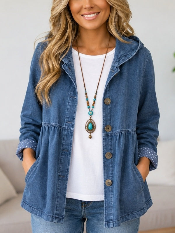 Denim Hooded Babydoll Button Jacket