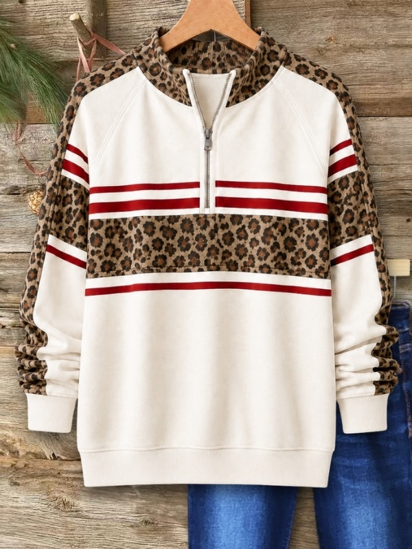 Leopard Patchwork Quarter-Zip Sweatshirt