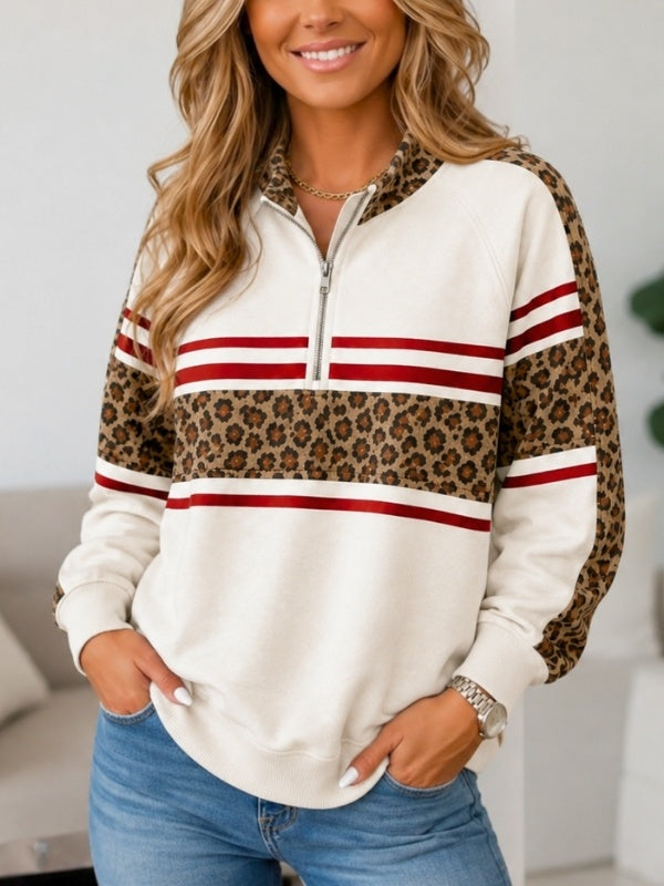 Leopard Patchwork Quarter-Zip Sweatshirt