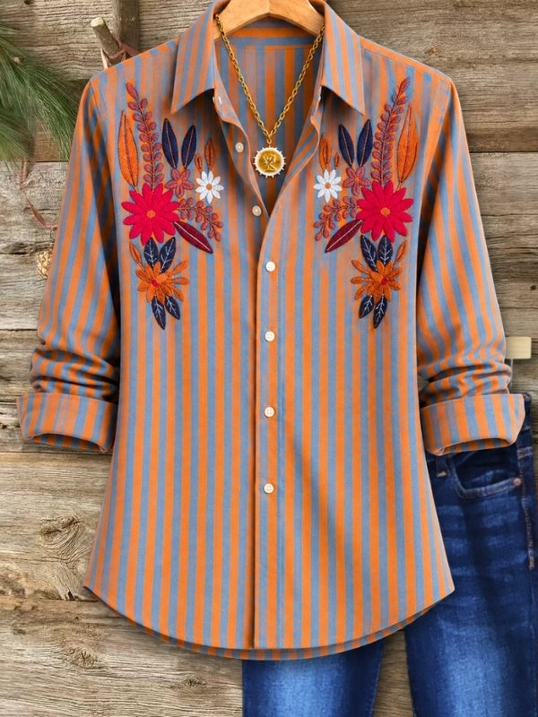 Floral Embroidery Striped Button Shirt