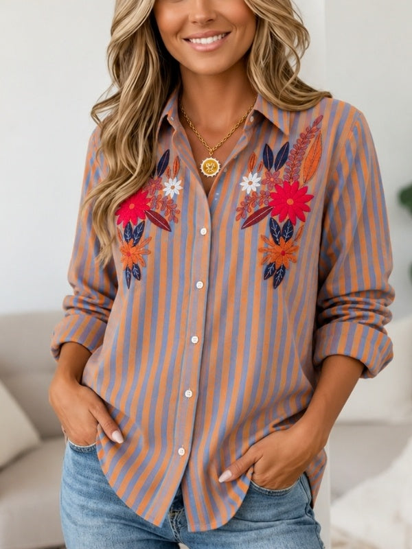 Floral Embroidery Striped Button Shirt