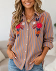 Floral Embroidery Striped Button Shirt
