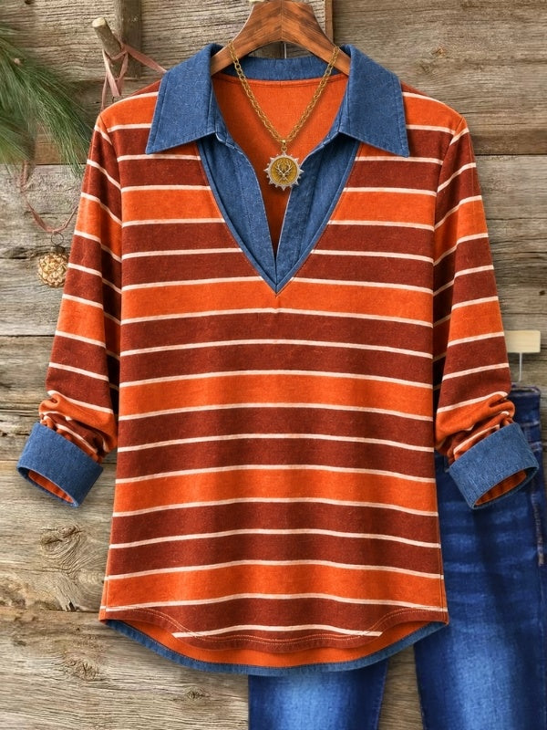 Striped V-Neck Contrast Collar Tunic