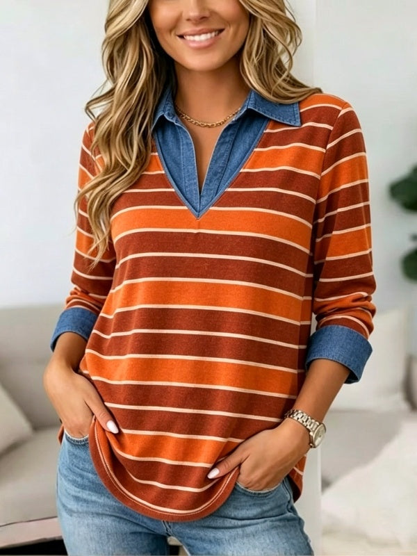 Striped V-Neck Contrast Collar Tunic