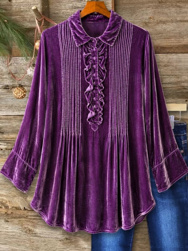 Velvet Pintuck Ruffle Tunic Blouse