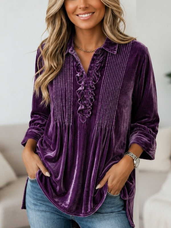 Velvet Pintuck Ruffle Tunic Blouse