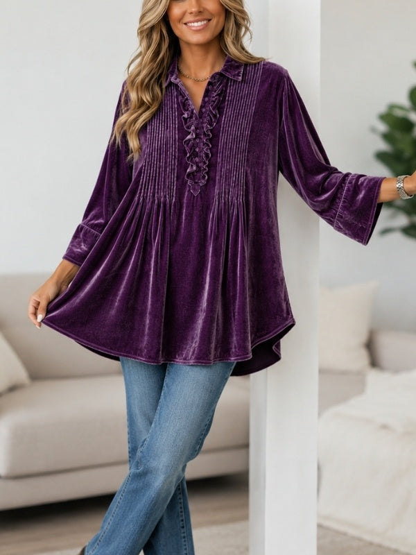 Velvet Pintuck Ruffle Tunic Blouse