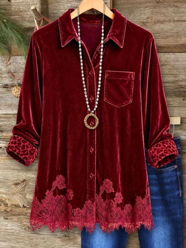 Velvet Lace Hem Patchwork Shirt Tunic