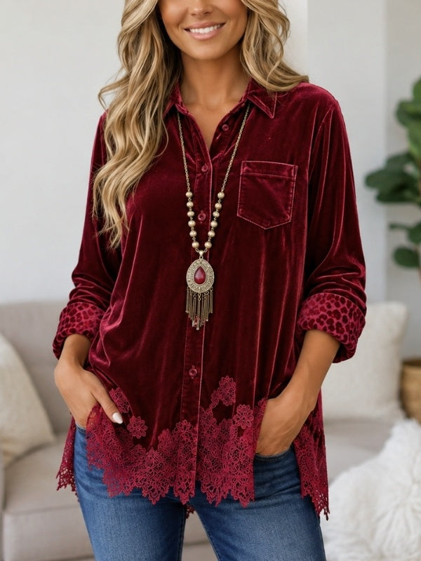 Velvet Lace Hem Patchwork Shirt Tunic
