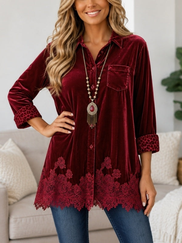 Velvet Lace Hem Patchwork Shirt Tunic