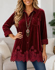 Velvet Lace Hem Patchwork Shirt Tunic