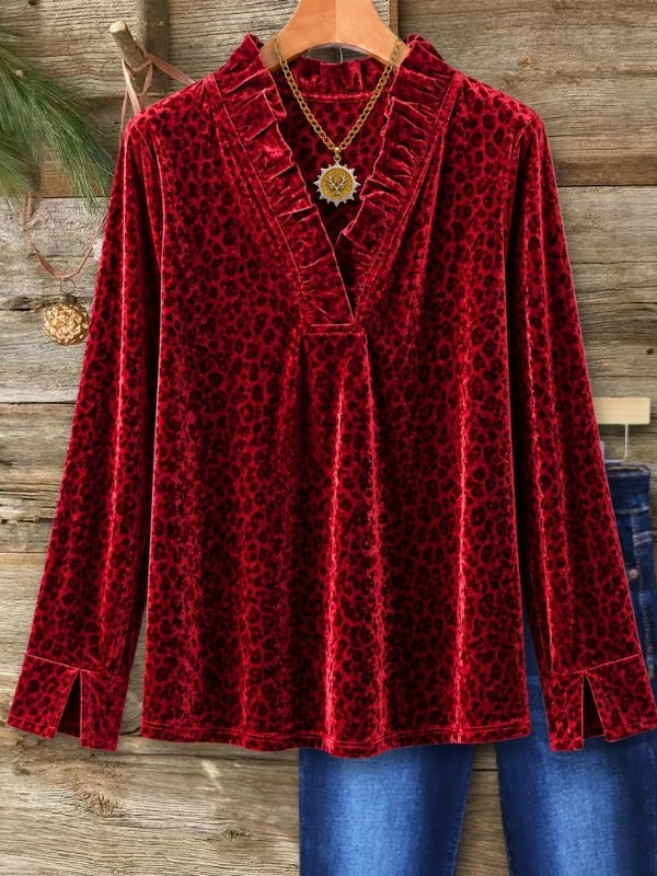 Leopard Print Velvet Ruffle V-Neck Blouse