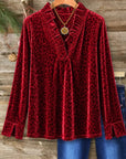 Leopard Print Velvet Ruffle V-Neck Blouse