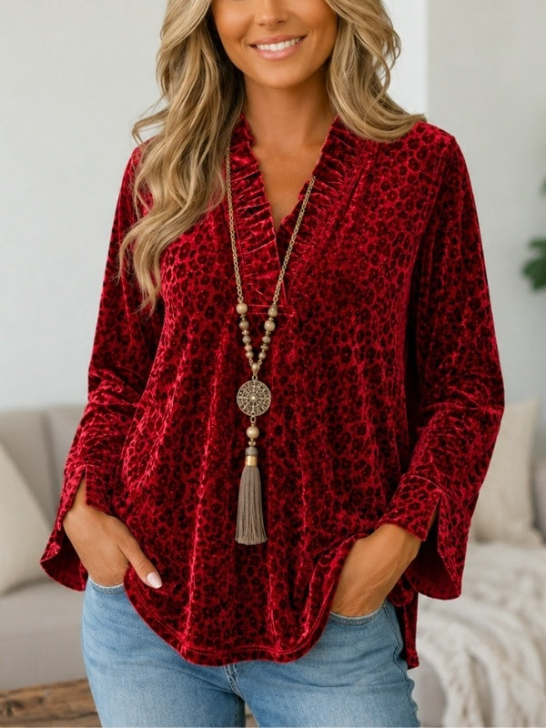 Leopard Print Velvet Ruffle V-Neck Blouse