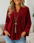 Leopard Print Velvet Ruffle V-Neck Blouse