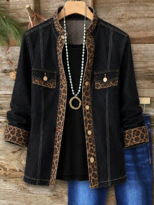 Leopard Patchwork Stand Collar Denim Jacket