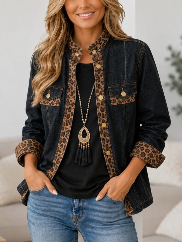 Leopard Patchwork Stand Collar Denim Jacket