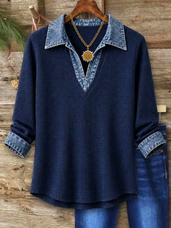 Waffle Knit Denim Patchwork V-Neck Tunic