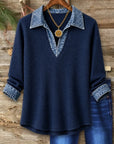 Waffle Knit Denim Patchwork V-Neck Tunic