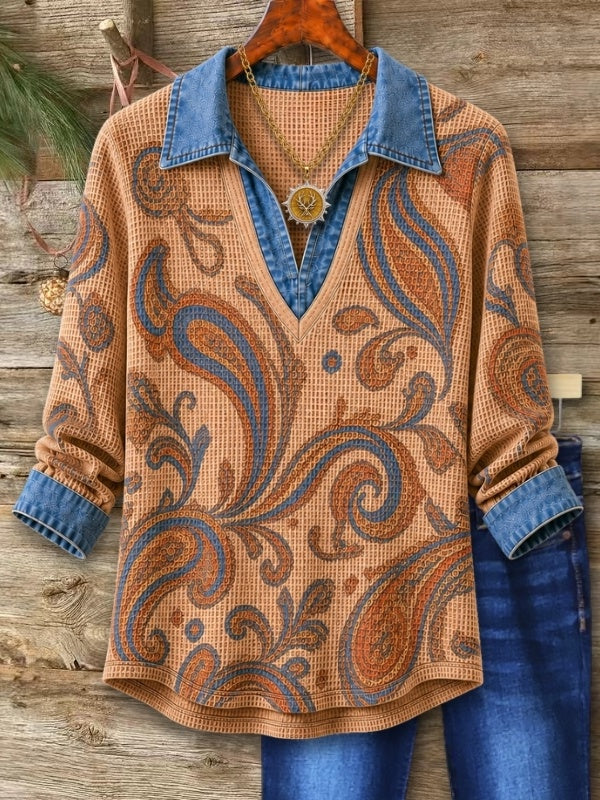 Paisley Print Waffle Denim Patchwork Tunic