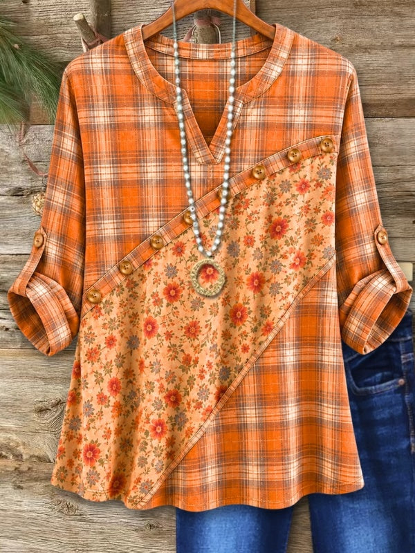 Plaid Floral Print Patchwork Roll-Tab Tunic